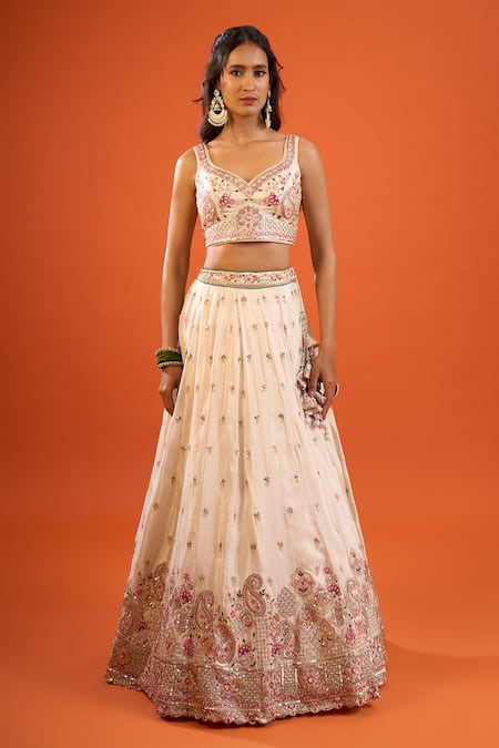 Buy Samyukta Singhania Cream Tissue Embroidery, Sequins, Tassels V-neck Lehenga Set Buy_Samyukta Singhania_Cream Tissue Embroidery, Sequins, Tassels V-neck Lehenga Set