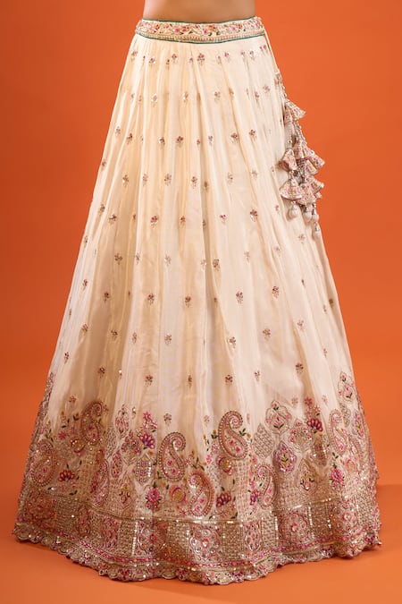 Shop Samyukta Singhania Cream Tissue Embroidery, Sequins, Tassels V-neck Lehenga Set Shop_Samyukta Singhania_Cream Tissue Embroidery, Sequins, Tassels V-neck Lehenga Set