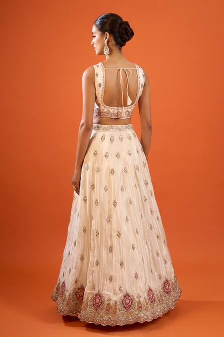Samyukta Singhania_Beige Tissue Sequins, Zari V-neck Embroidered Lehenga Set _Online_at_Aza_Fashions