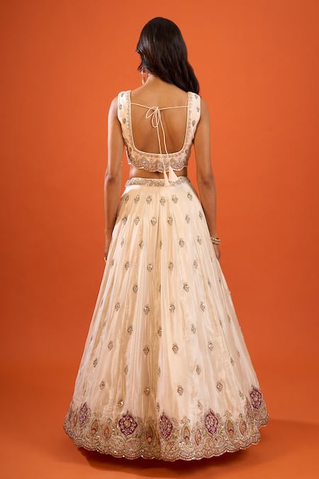 Samyukta Singhania Beige Tissue, Silk Sequins, Zari V-neck Work Lehenga Blouse Set Online at Aza Fashions Samyukta Singhania_Beige Tissue, Silk Sequins, Zari V-neck Work Lehenga Blouse Set _Online_at_Aza_Fashions