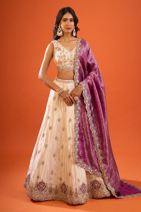 Buy Samyukta Singhania Beige Tissue, Silk Sequins, Zari V-neck Work Lehenga Blouse Set at Aza Fashions Buy_Samyukta Singhania_Beige Tissue, Silk Sequins, Zari V-neck Work Lehenga Blouse Set _at_Aza_Fashions