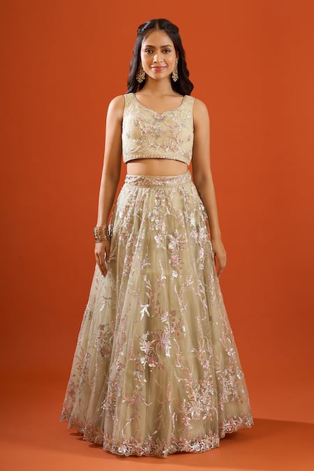 Buy Samyukta Singhania Green Net Sequins Sweetheart Neck Floral Embroidered Lehenga Set Buy_Samyukta Singhania_Green Net Sequins Sweetheart Neck Floral Embroidered Lehenga Set