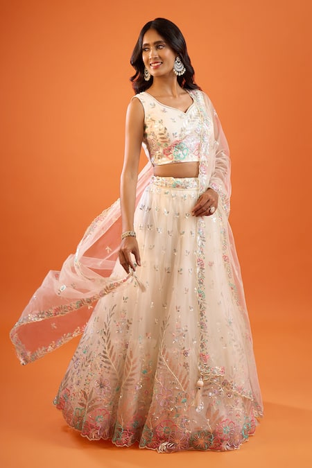 Buy Samyukta Singhania Cream Net Embroidery, Sequins V-neck Lehenga Set Online at Aza Fashions Buy_Samyukta Singhania_Cream Net Embroidery, Sequins V-neck Lehenga Set _Online_at_Aza_Fashions