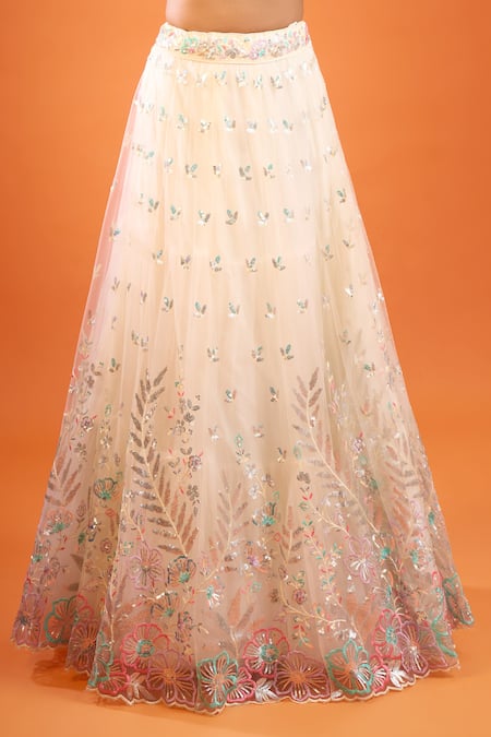Samyukta Singhania Cream Net Embroidery, Sequins V-neck Lehenga Set at Aza Fashions Samyukta Singhania_Cream Net Embroidery, Sequins V-neck Lehenga Set _at_Aza_Fashions
