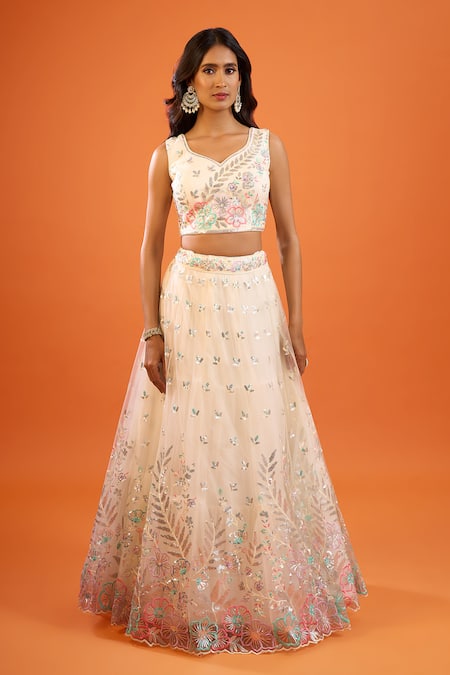 Buy Samyukta Singhania Cream Net Embroidery, Sequins V-neck Lehenga Set Buy_Samyukta Singhania_Cream Net Embroidery, Sequins V-neck Lehenga Set
