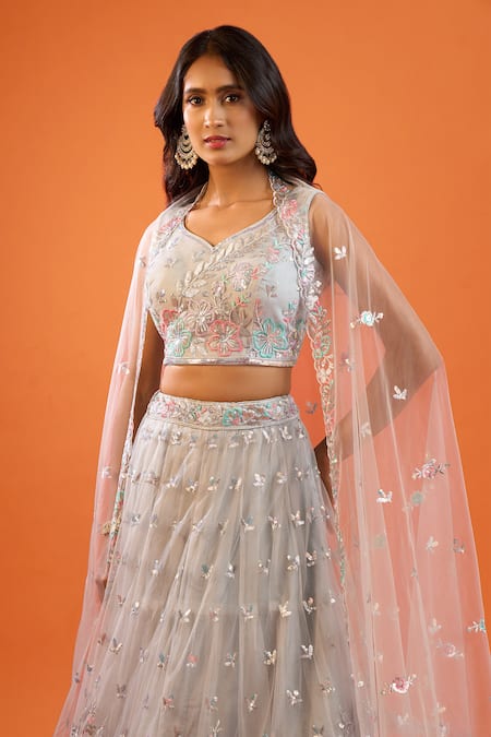 Buy_Samyukta Singhania_Grey Net Embroidery, Sequins V-neck Lehenga Set _Online_at_Aza_Fashions