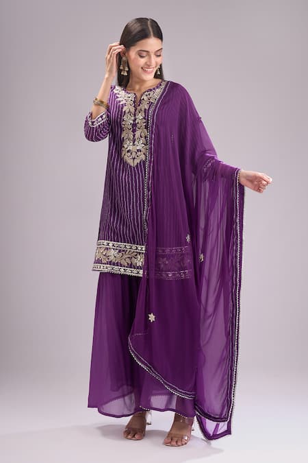 Buy_Samyukta Singhania_Purple Chinon, Silk, Chiffon Embroidery, Gota Bandhani Print Kurta Sharara Set _Online_at_Aza_Fashions