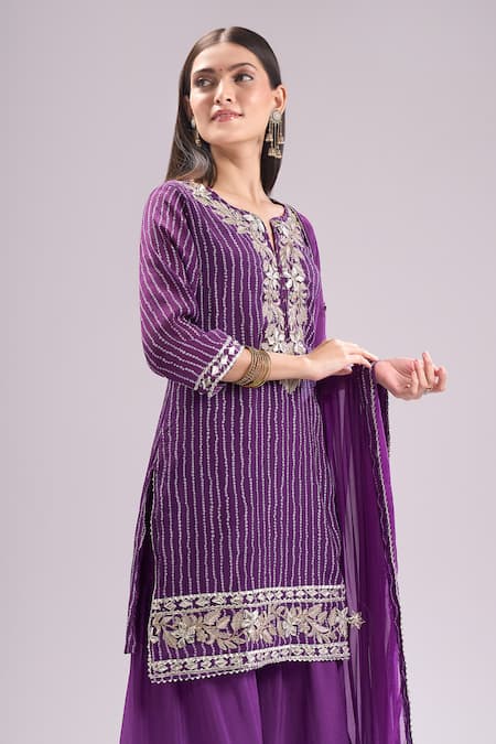 Shop_Samyukta Singhania_Purple Chinon, Silk, Chiffon Embroidery, Gota Bandhani Print Kurta Sharara Set _Online_at_Aza_Fashions