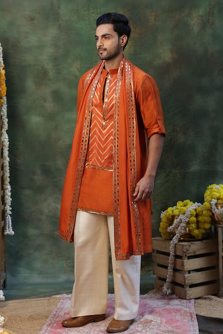 Buy_Archana Kochhar_Orange Silk, Brocade Embroidery, Mirrors Rust Rangmanch Chevron Kurta Set _Online_at_Aza_Fashions