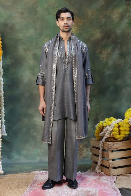 Archana Kochhar Grey Mirror Work Kurta Set