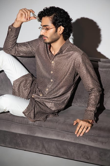 Arjan Dugal_Brown Chanderi, Viscose, Cotton Satin, Lycra Printed Kurta And Pant Set _Online_at_Aza_Fashions