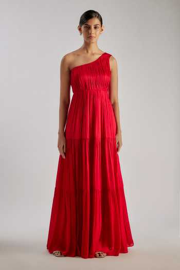 Essay By Sumedha Agrawal_Red Chiffon, Satin, Bemberg One Shoulder Dress _Online_at_Aza_Fashions