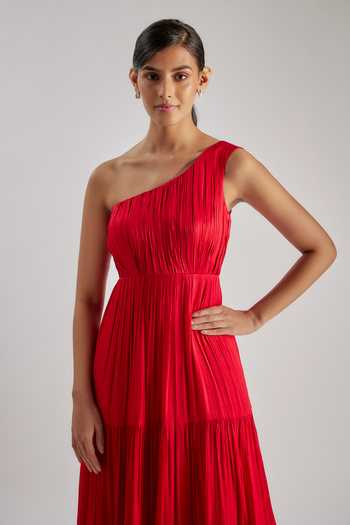 Shop_Essay By Sumedha Agrawal_Red Chiffon, Satin, Bemberg One Shoulder Dress _Online_at_Aza_Fashions