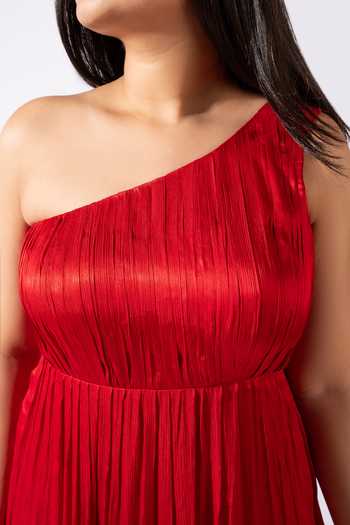 Essay By Sumedha Agrawal_Red Chiffon, Satin, Bemberg One Shoulder Dress _at_Aza_Fashions