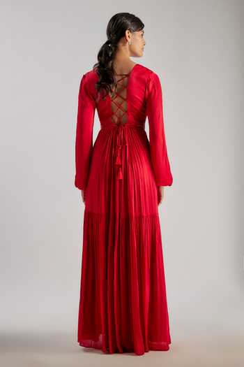 Shop_Essay By Sumedha Agrawal_Red Bemberg, Satin, Chiffon V-neck Pleated Maxi Dress _Online_at_Aza_Fashions