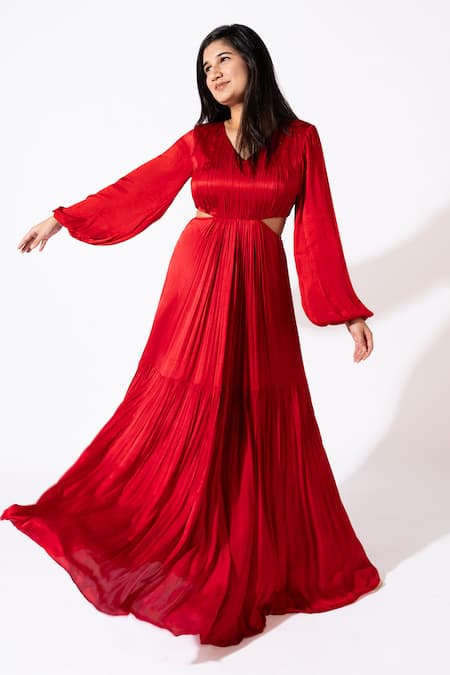 Essay By Sumedha Agrawal Pleated Red Maxi Dress 