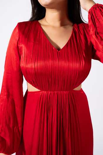 Essay By Sumedha Agrawal_Red Bemberg, Satin, Chiffon V-neck Pleated Maxi Dress _at_Aza_Fashions