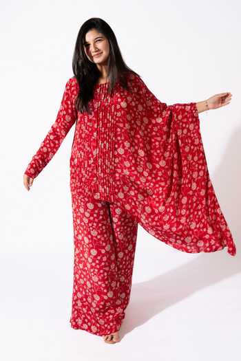 Essay By Sumedha Agrawal_White Viscose, Crepe Round Neck Printed Tunic And Trouser Set _Online_at_Aza_Fashions