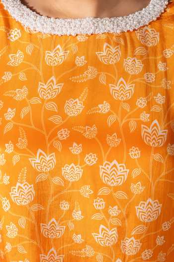 Essay By Sumedha Agrawal_Orange Viscose, Crepe Round Neck Floral Print Kaftan Top _at_Aza_Fashions