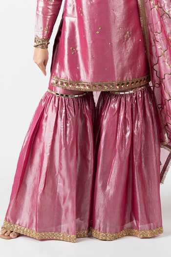 Buy_Essay By Sumedha Agrawal_Purple Tissue Zari Sweetheart Neck Crushed Silk Kurta Set 