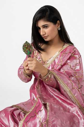 Shop_Essay By Sumedha Agrawal_Purple Tissue Zari Sweetheart Neck Crushed Silk Kurta Set 