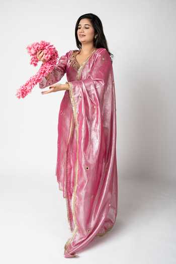 Essay By Sumedha Agrawal_Pink Tissue Sequins, Zari, Embroidered Crushed Silk Kurta Dupatta And Pant Set _Online_at_Aza_Fashions