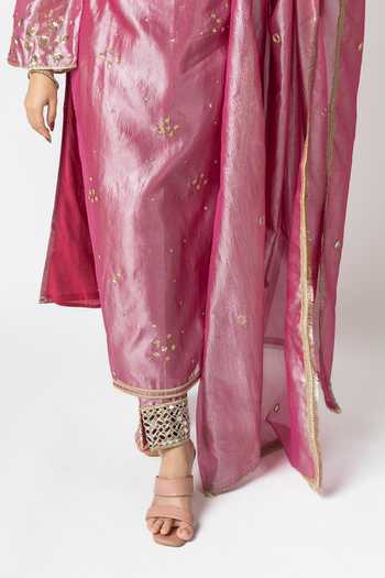 Buy_Essay By Sumedha Agrawal_Pink Tissue Sequins, Zari, Embroidered Crushed Silk Kurta Dupatta And Pant Set _Online_at_Aza_Fashions