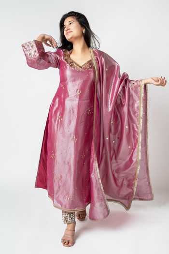 Shop_Essay By Sumedha Agrawal_Pink Tissue Sequins, Zari, Embroidered Crushed Silk Kurta Dupatta And Pant Set _Online_at_Aza_Fashions