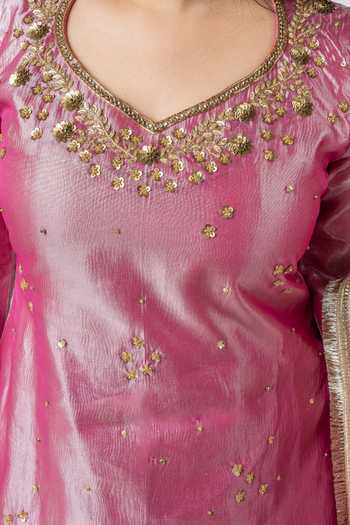 Essay By Sumedha Agrawal_Pink Tissue Sequins, Zari, Embroidered Crushed Silk Kurta Dupatta And Pant Set _at_Aza_Fashions