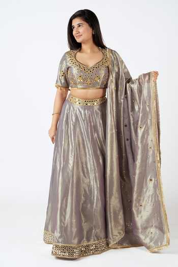 Essay By Sumedha Agrawal_Gold Tissue Zari, Mirrors Sweetheart Neck Crushed Silk Lehenga Set _Online_at_Aza_Fashions