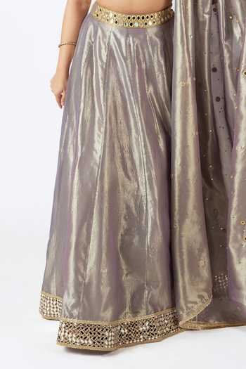 Buy_Essay By Sumedha Agrawal_Gold Tissue Zari, Mirrors Sweetheart Neck Crushed Silk Lehenga Set _Online_at_Aza_Fashions