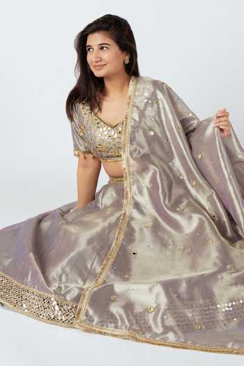 Shop_Essay By Sumedha Agrawal_Gold Tissue Zari, Mirrors Sweetheart Neck Crushed Silk Lehenga Set _Online_at_Aza_Fashions