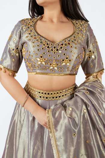 Essay By Sumedha Agrawal_Gold Tissue Zari, Mirrors Sweetheart Neck Crushed Silk Lehenga Set _at_Aza_Fashions