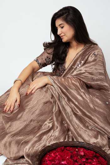 Buy_Essay By Sumedha Agrawal_Brown Tissue, Silk Mirrors Scoop Neck Crushed Kurta Set _Online_at_Aza_Fashions