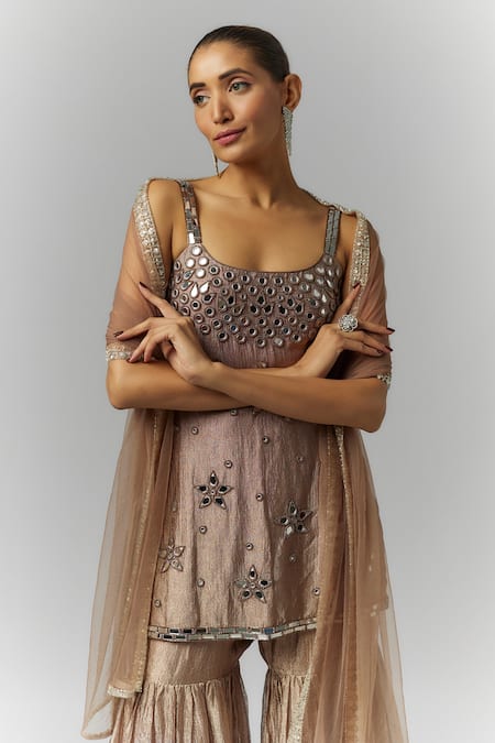 Essay By Sumedha Agrawal Brown Tissue, Silk Mirrors, Sequins Square Neck Work Kurta Set Online at Aza Fashions Essay By Sumedha Agrawal_Brown Tissue, Silk Mirrors, Sequins Square Neck Work Kurta Set _Online_at_Aza_Fashions
