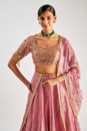Essay By Sumedha Agrawal_Pink Tissue Zari, Mirrors, Embroidery, Sequins, Beads Crushed Silk Lehenga Set _Online_at_Aza_Fashions