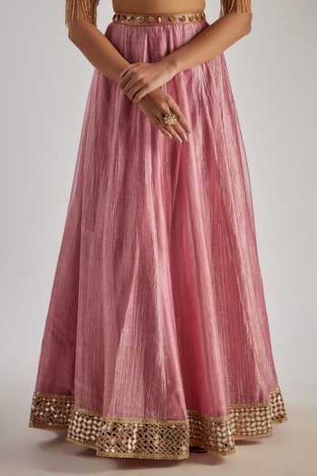 Buy_Essay By Sumedha Agrawal_Pink Tissue Zari, Mirrors, Embroidery, Sequins, Beads Crushed Silk Lehenga Set _Online_at_Aza_Fashions