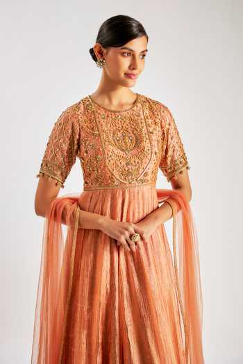 Buy_Essay By Sumedha Agrawal_Gold Tissue Sequins, Beads, Embroidered Crushed Silk Anarkali And Dupatta Set _Online_at_Aza_Fashions