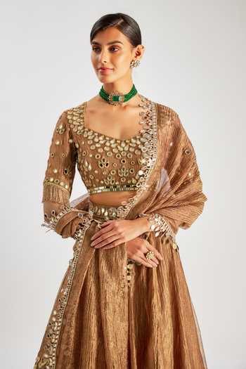 Essay By Sumedha Agrawal_Gold Tissue Mirrors Scoop Embellished Crushed Silk Lehenga Set With Dupatta _Online_at_Aza_Fashions