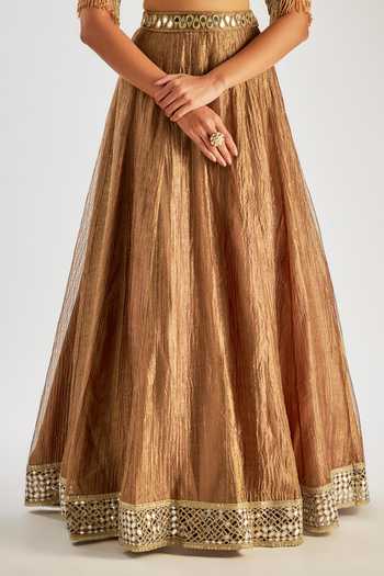 Buy_Essay By Sumedha Agrawal_Gold Tissue Mirrors Scoop Embellished Crushed Silk Lehenga Set With Dupatta _Online_at_Aza_Fashions