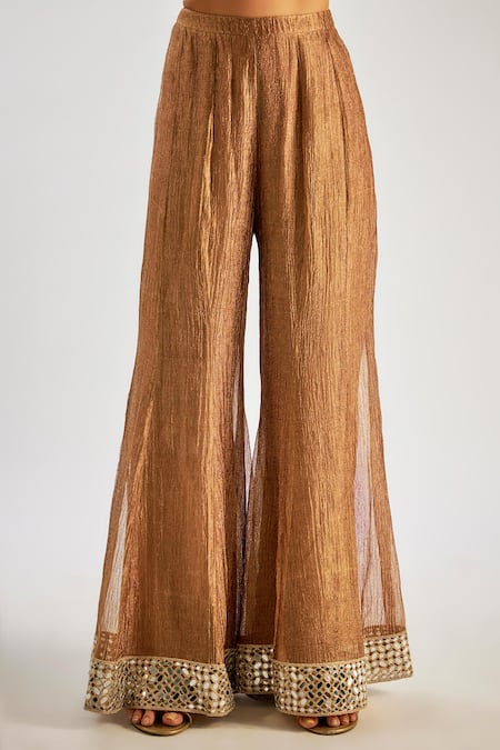 Essay By Sumedha Agrawal_Gold Tissue, Silk Embroidery, Zari Round Neck Sequin Work Kurta Set _Online_at_Aza_Fashions