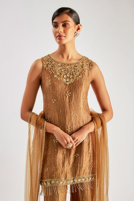 Buy_Essay By Sumedha Agrawal_Gold Tissue, Silk Embroidery, Zari Round Neck Sequin Work Kurta Set _Online_at_Aza_Fashions