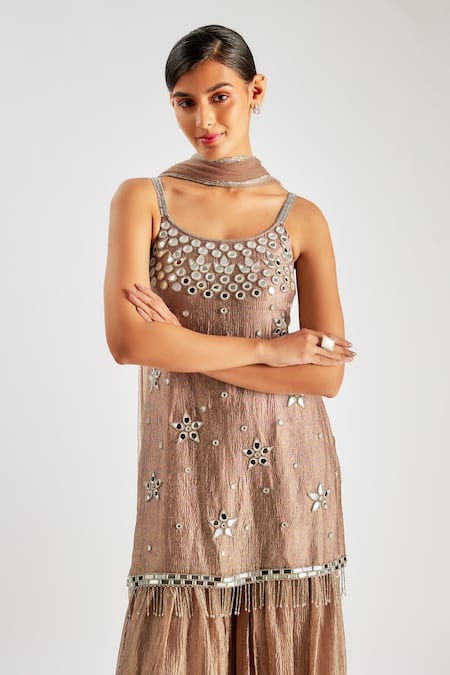 Essay By Sumedha Agrawal_Brown Tissue, Silk Mirrors Scoop Neck Work Kurta Set _Online_at_Aza_Fashions