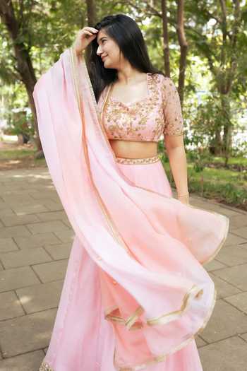 Shop_Essay By Sumedha Agrawal_Pink Organza, Viscose Embroidery, Sequins, Zari Lehenga Set With Dupatta _Online_at_Aza_Fashions