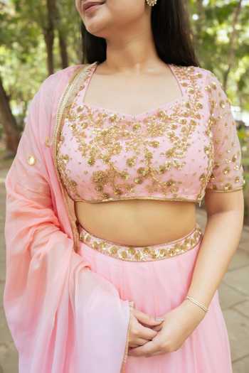 Essay By Sumedha Agrawal_Pink Organza, Viscose Embroidery, Sequins, Zari Lehenga Set With Dupatta _at_Aza_Fashions