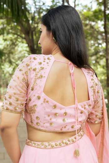 Buy_Essay By Sumedha Agrawal_Pink Organza, Viscose Embroidery, Sequins, Zari Lehenga Set With Dupatta 