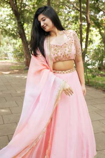 Shop_Essay By Sumedha Agrawal_Pink Organza, Viscose Embroidery, Sequins, Zari Lehenga Set With Dupatta 