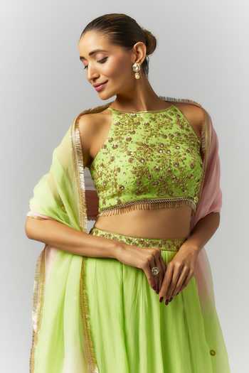 Buy_Essay By Sumedha Agrawal_Gold Organza Embroidery, Zari, Viscose Lehenga Set With Blouse And Dupatta _Online_at_Aza_Fashions