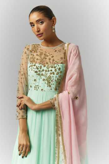 Essay By Sumedha Agrawal_Green Organza, Viscose Embroidery, Sequins, Zari, Embellished Anarkali Set _Online_at_Aza_Fashions