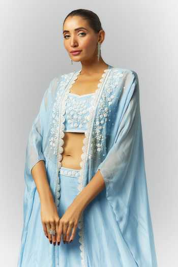 Buy_Essay By Sumedha Agrawal_Blue Organza, Viscose Embroidery, Beads, Pearls, Applique Cape Lehenga Set _Online_at_Aza_Fashions